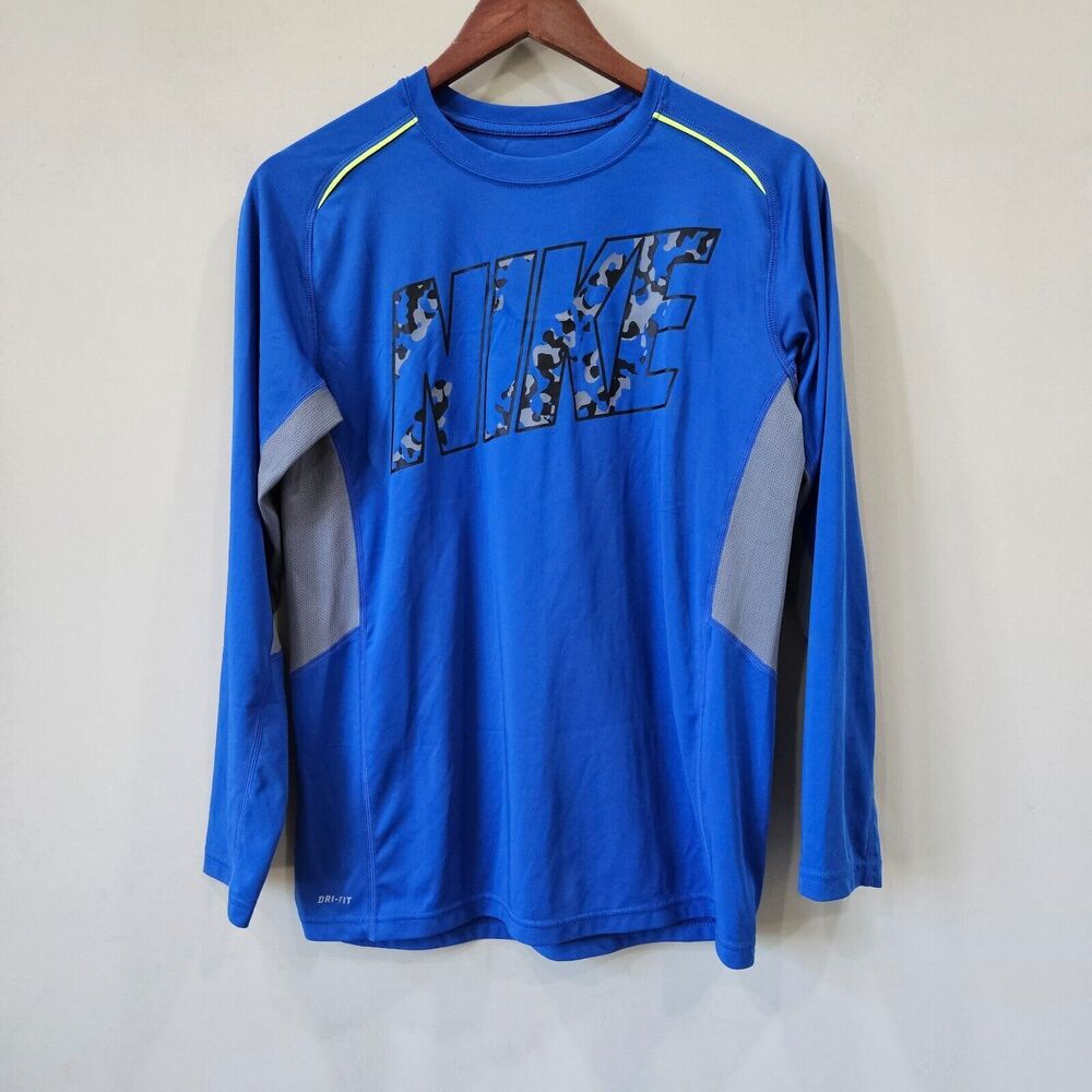 Nike Dri-Fit Youth Long Sleeve T-Shirt Blue Size XL Camo Graphic Logo Breathable